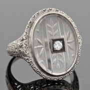 Art Deco 18kt Rock Quartz Crystal & Diamond Filigree Ring
