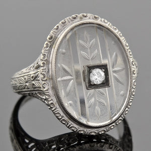 Art Deco 18kt Rock Quartz Crystal & Diamond Filigree Ring