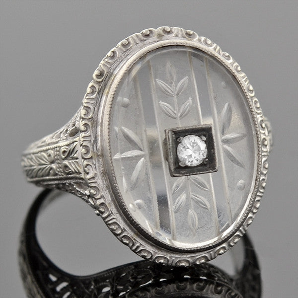 Art Deco 18kt Rock Quartz Crystal & Diamond Filigree Ring