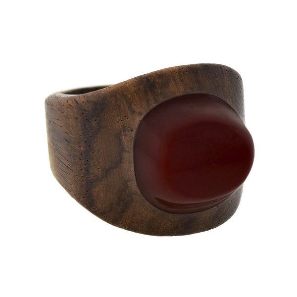 Vintage Carved Wood + Red Bakelite Domed Ring