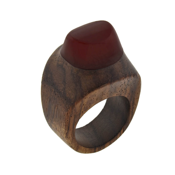 Vintage Carved Wood + Red Bakelite Domed Ring