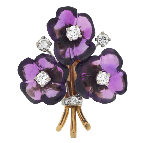 Vintage 18kt Carved Amethyst + Diamond Flower Bouquet Screw Back Stud Earrings