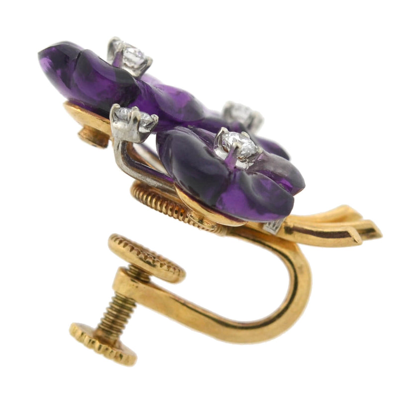Vintage 18kt Carved Amethyst + Diamond Flower Bouquet Screw Back Stud Earrings