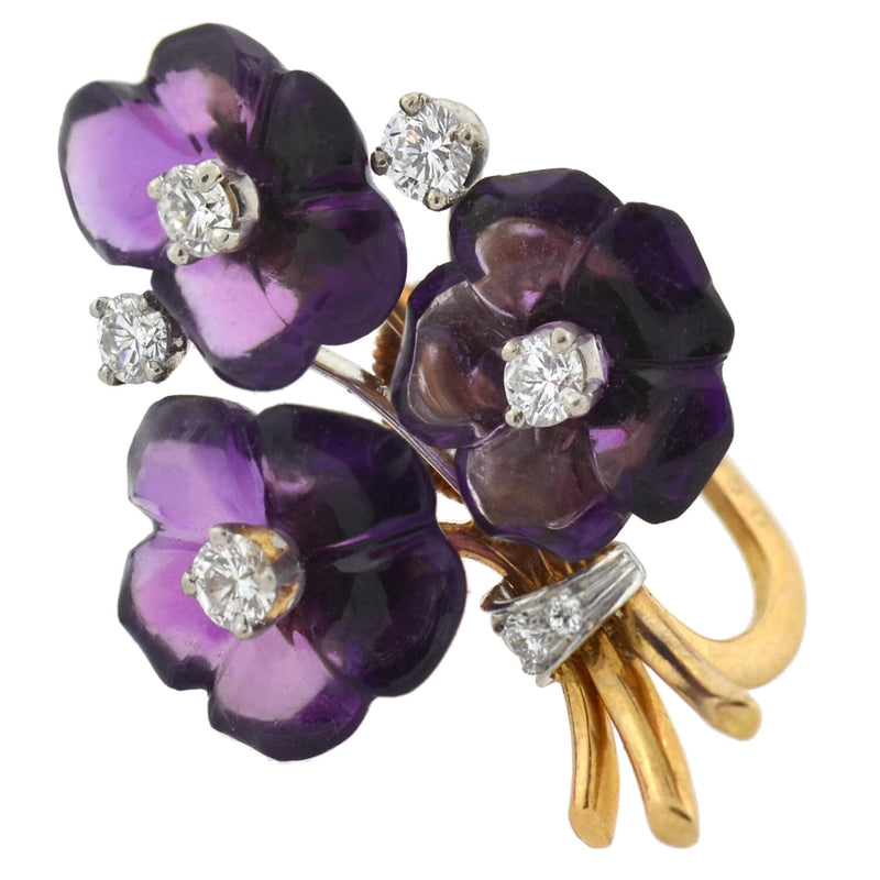 Vintage 18kt Carved Amethyst + Diamond Flower Bouquet Screw Back Stud Earrings