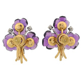 Vintage 18kt Carved Amethyst + Diamond Flower Bouquet Screw Back Stud Earrings