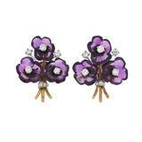 Vintage 18kt Carved Amethyst + Diamond Flower Bouquet Screw Back Stud Earrings