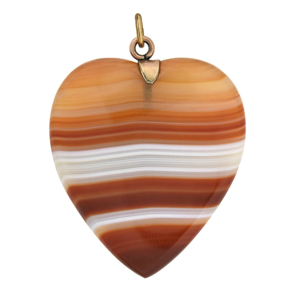 Retro Gold-Filled Carved Banded Agate Heart Pendant + Earrings Set