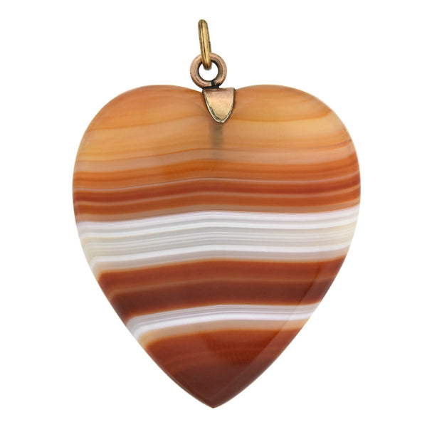 Retro Gold-Filled Carved Banded Agate Heart Pendant + Earrings Set