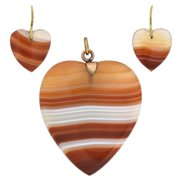 Retro Gold-Filled Carved Banded Agate Heart Pendant + Earrings Set