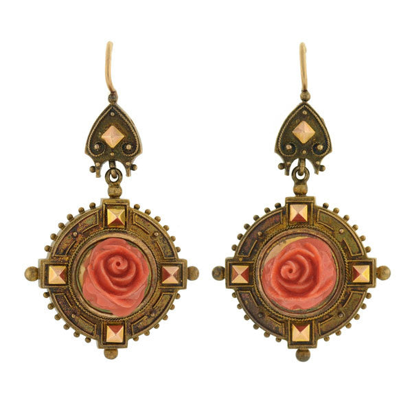 Victorian 18kt Carved Coral Rose Earring & Pin/Pendant Set