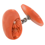Art Deco 14kt Natural Coral Hand Carved Flower Cufflinks
