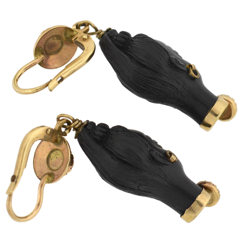 Vintage 10kt Faux Coral + Carved Wood Resin Blackamoor Earrings