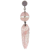 Art Deco Chinese Sterling Carved Rose Quartz + Rock Quartz Crystal Earrings