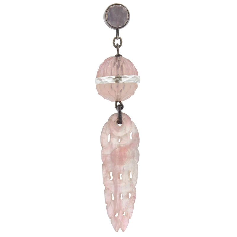 Art Deco Chinese Sterling Carved Rose Quartz + Rock Quartz Crystal Earrings