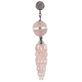 Art Deco Chinese Sterling Carved Rose Quartz + Rock Quartz Crystal Earrings