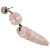 Art Deco Chinese Sterling Carved Rose Quartz + Rock Quartz Crystal Earrings