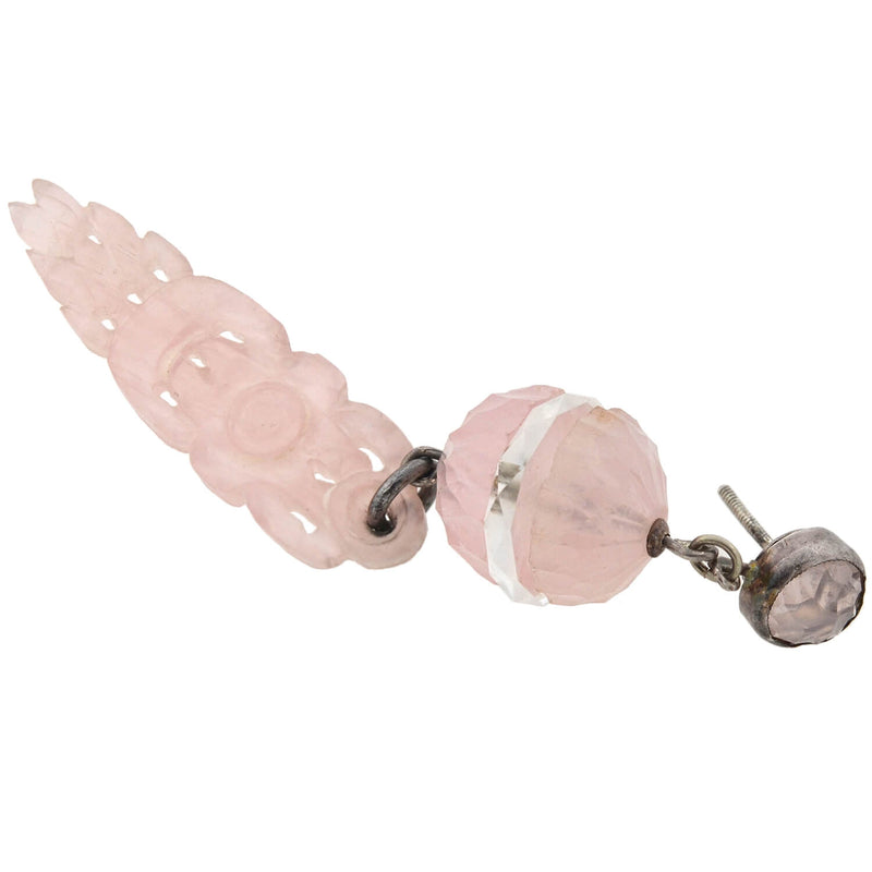 Art Deco Chinese Sterling Carved Rose Quartz + Rock Quartz Crystal Earrings