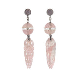 Art Deco Chinese Sterling Carved Rose Quartz + Rock Quartz Crystal Earrings