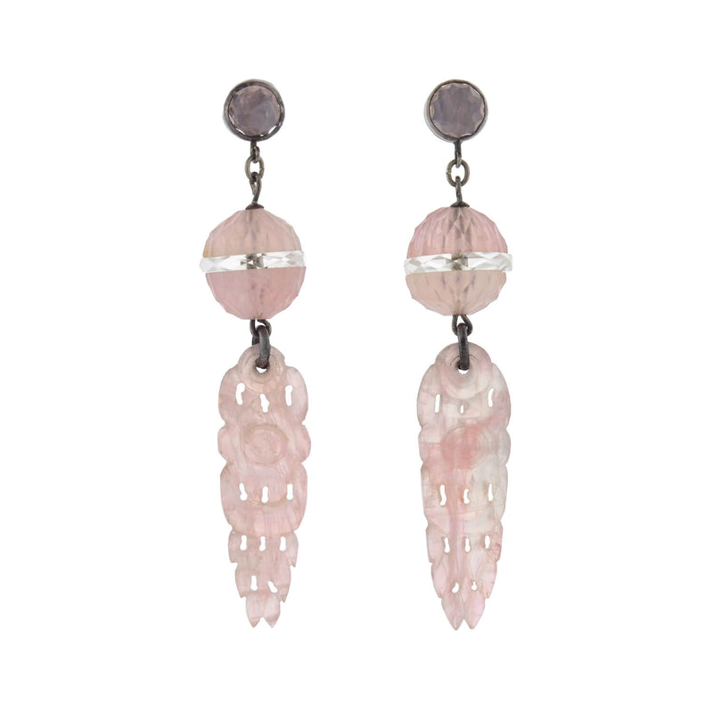 Art Deco Chinese Sterling Carved Rose Quartz + Rock Quartz Crystal Earrings