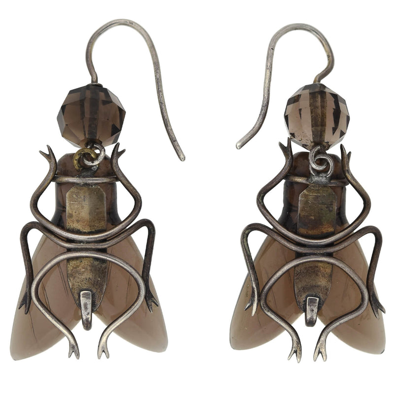 Victorian Sterling Carved Smoky Topaz Flying Insect Earrings