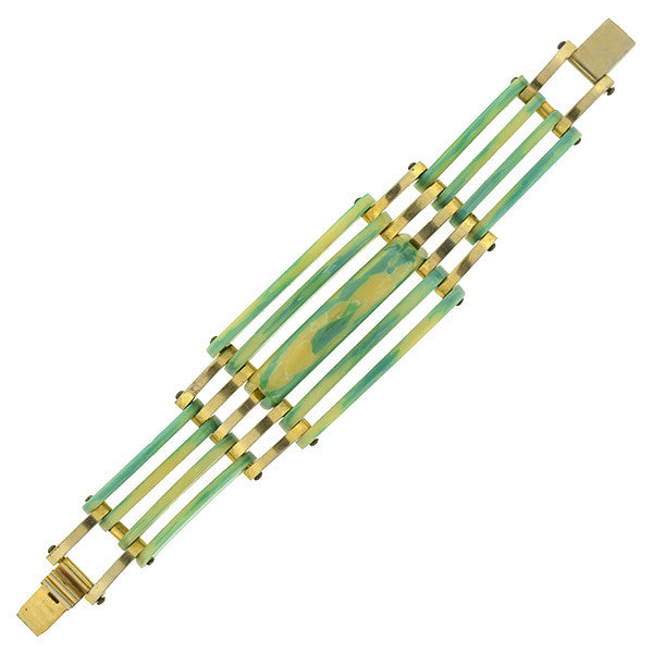 Art Deco Green & Yellow Celluloid & Brass Stacked Bracelet