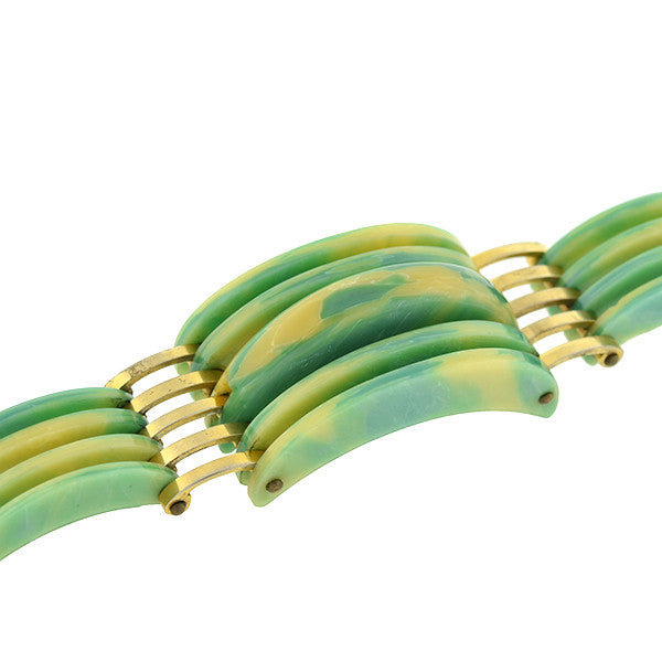 Art Deco Green & Yellow Celluloid & Brass Stacked Bracelet