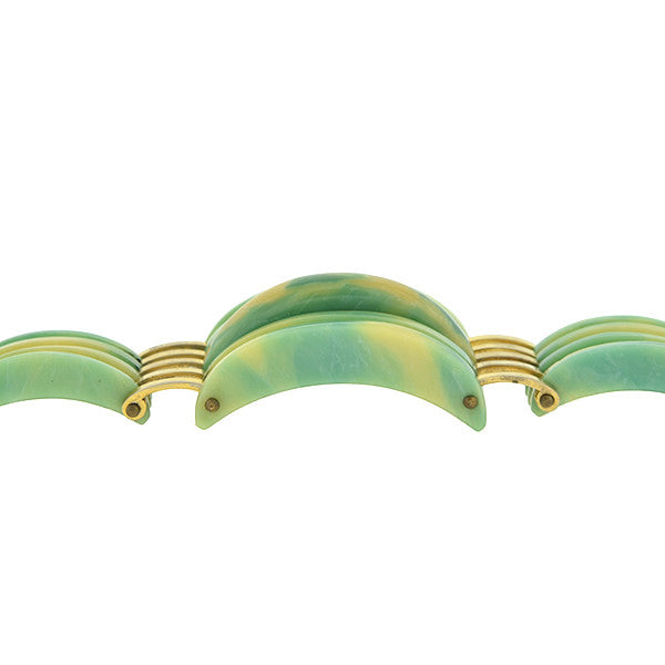 Art Deco Green & Yellow Celluloid & Brass Stacked Bracelet