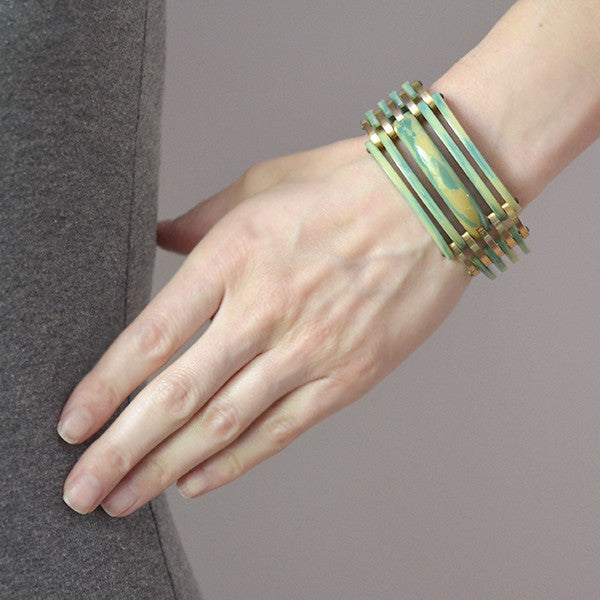 Art Deco Green & Yellow Celluloid & Brass Stacked Bracelet