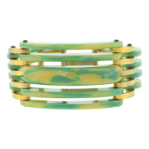 Art Deco Green & Yellow Celluloid & Brass Stacked Bracelet