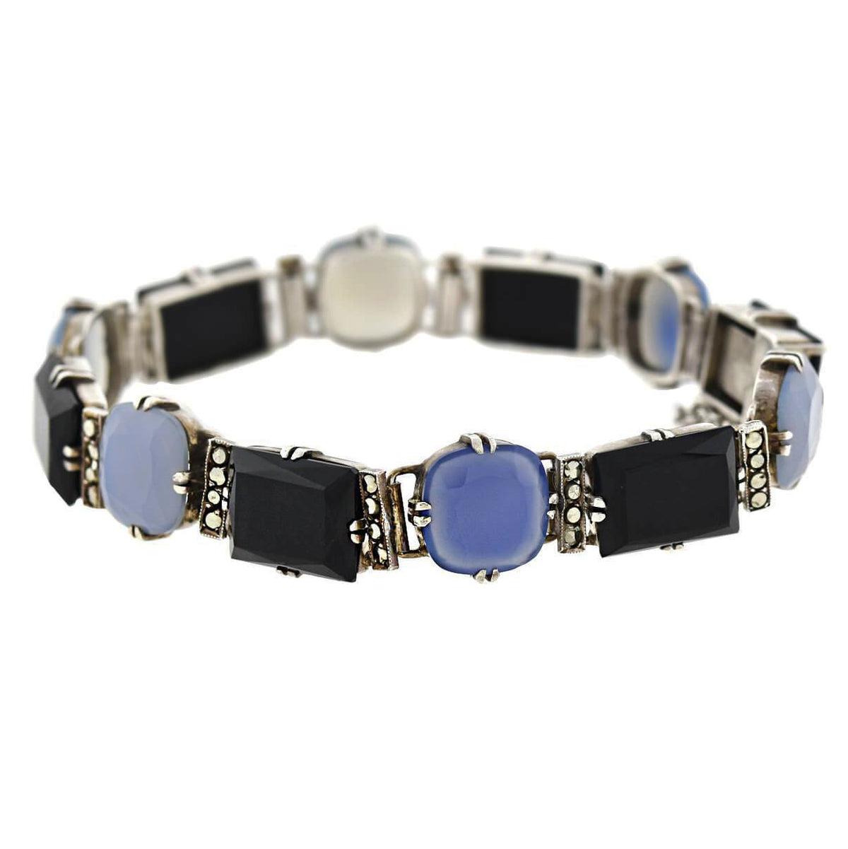 Art Deco Sterling Silver Chalcedony, Onyx + Marcasite Link Bracelet