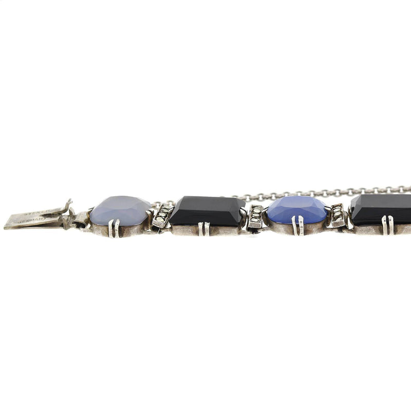 Art Deco Sterling Silver Chalcedony, Onyx + Marcasite Link Bracelet