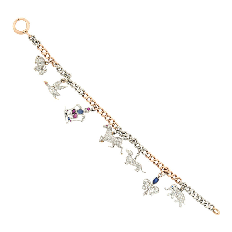 Art Deco Platinum and 18k Multi Stone Charm Bracelet