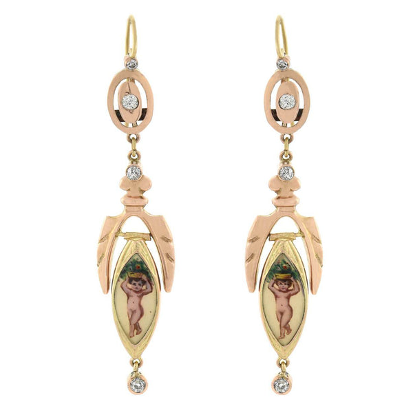 Victorian 18kt Diamond + Enameled Cherub Earrings