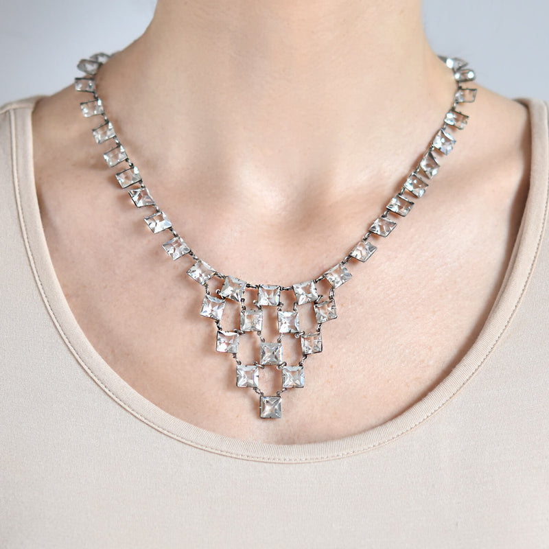 Art Deco Sterling Silver Square Cut Crystal Festoon Necklace