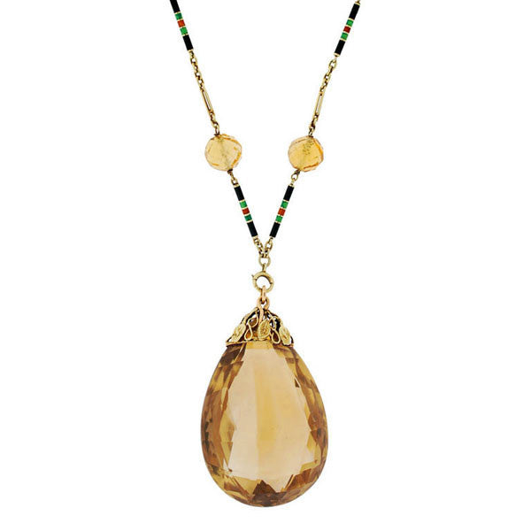 Art Deco 14kt Large Citrine Drop Enameled Chain Necklace