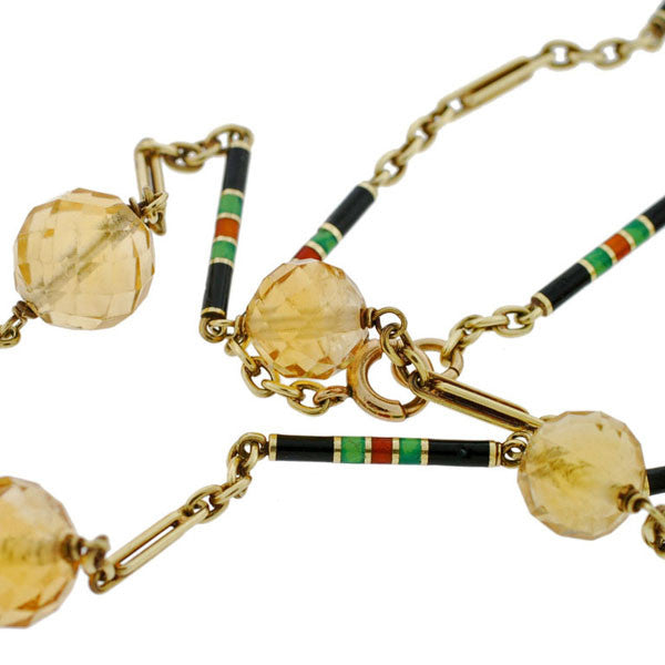 Art Deco 14kt Large Citrine Drop Enameled Chain Necklace