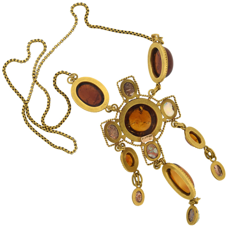 Art Nouveau Egyptian Revival 14kt Amber + Carved Opal Scarab Necklace