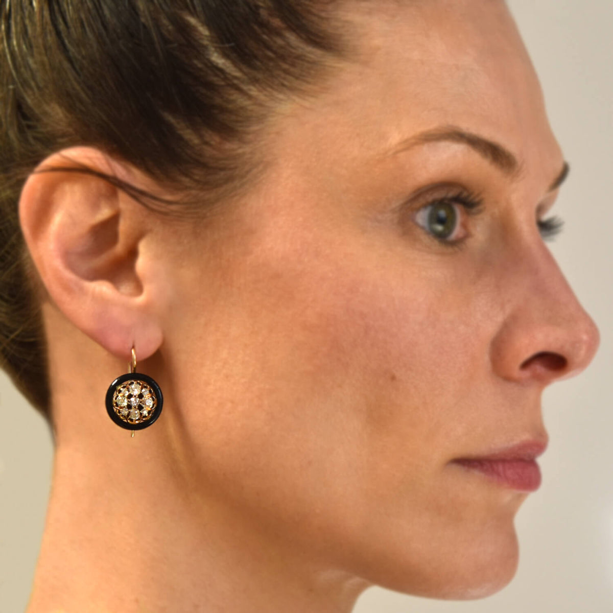 Victorian 14kt Black Enamel + Diamond Cluster Earrings 1.30ctw