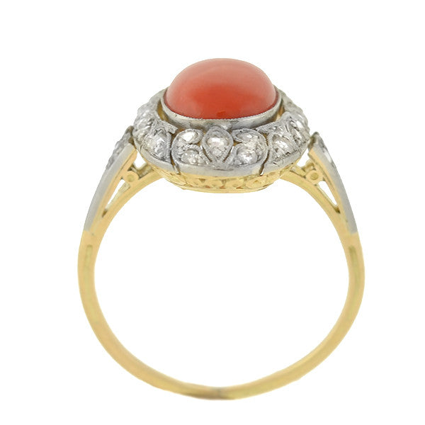 Edwardian 14kt/Platinum Coral & Diamond Filigree Ring