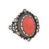 Vintage Continental Silver Marcasite + Coral Cabochon Ring