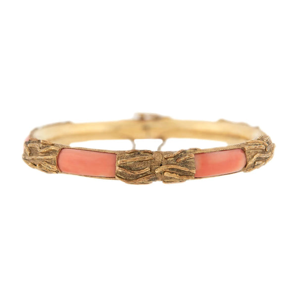 Estate 14k Gold & Coral Hinged Bangle Bracelet