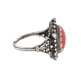 Vintage Continental Silver Marcasite + Coral Cabochon Ring