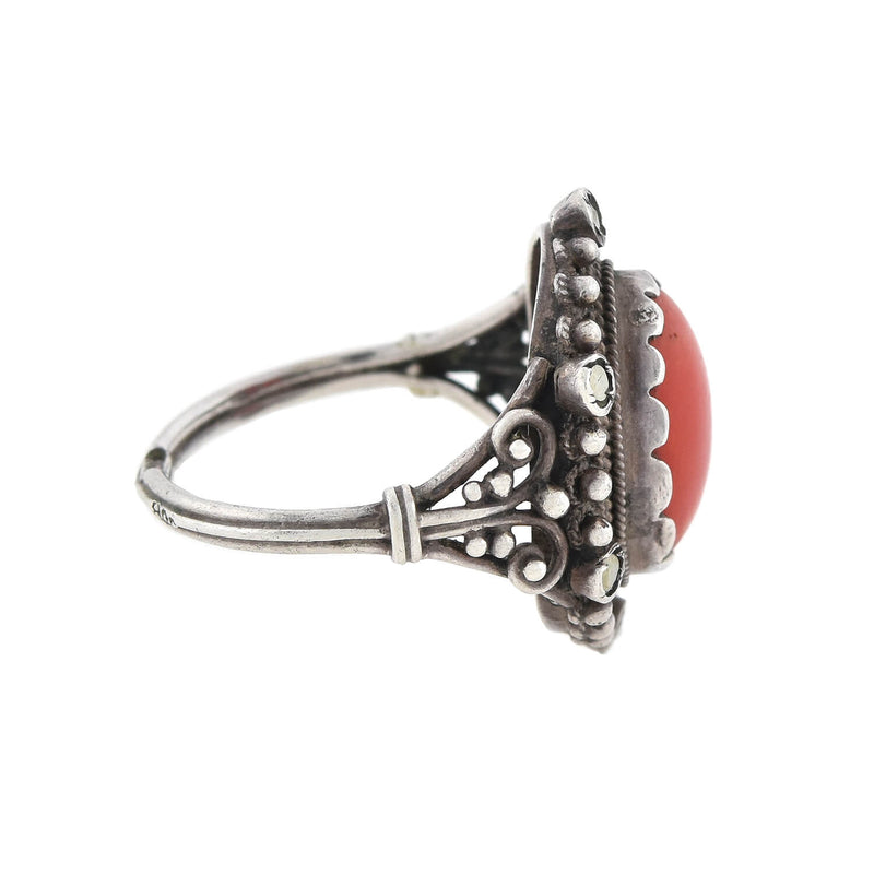 Vintage Continental Silver Marcasite + Coral Cabochon Ring