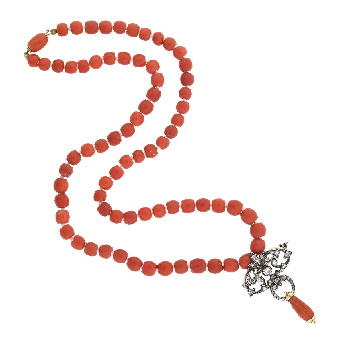Victorian 15kt/Silver Diamond Pin/Pendant and Natural Coral Beaded Necklace