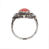 Vintage Continental Silver Marcasite + Coral Cabochon Ring