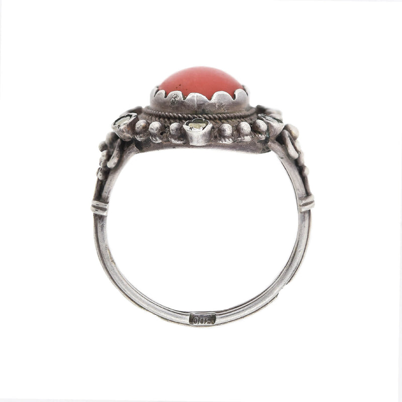 Vintage Continental Silver Marcasite + Coral Cabochon Ring
