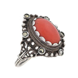 Vintage Continental Silver Marcasite + Coral Cabochon Ring
