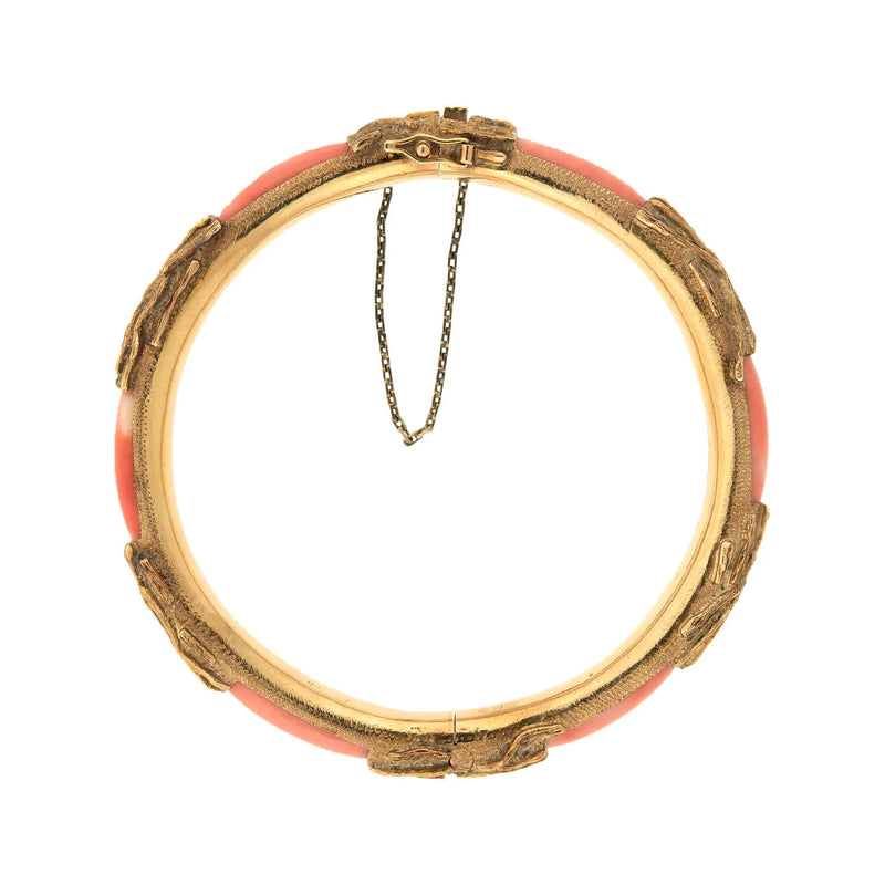 Estate 14k Gold & Coral Hinged Bangle Bracelet