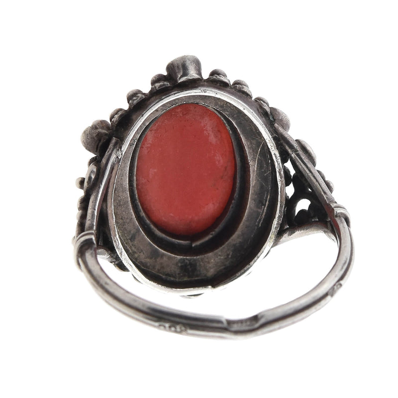 Vintage Continental Silver Marcasite + Coral Cabochon Ring