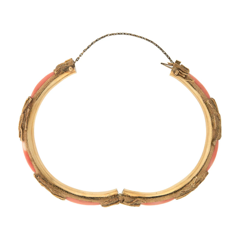 Estate 14k Gold & Coral Hinged Bangle Bracelet